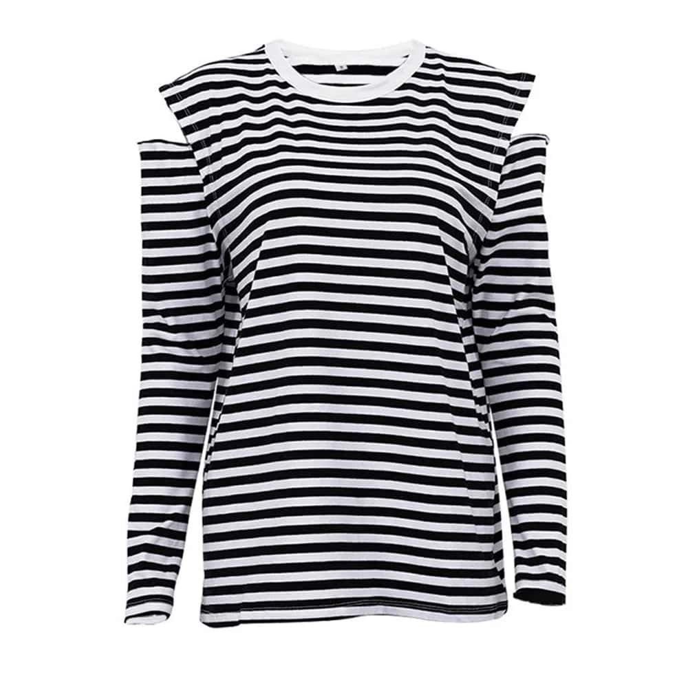 Women Fashion Simple Stripe Printing Round Neck Long Sleeve T-Shirt