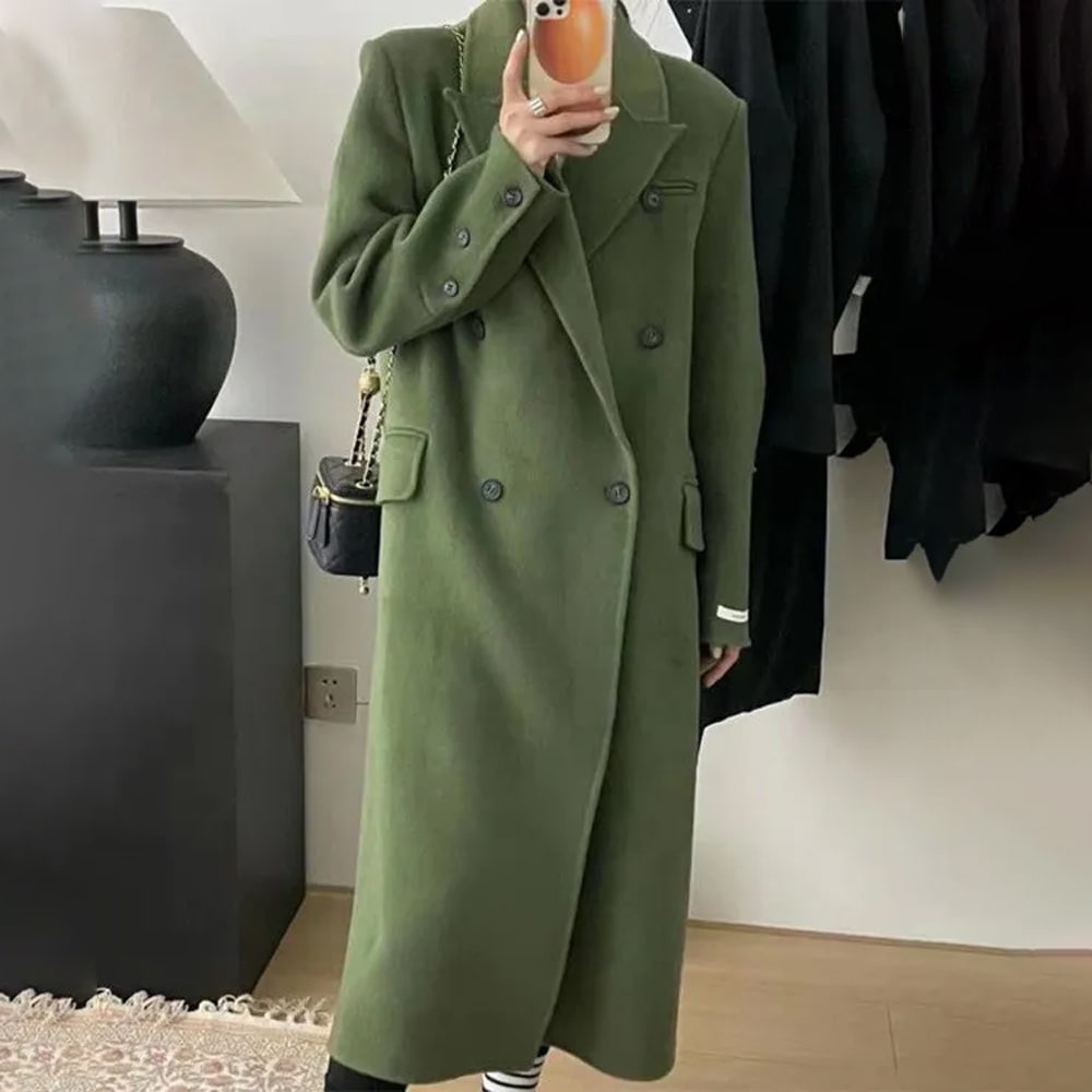 Autumn Winter Women Fashion Solid Color Irregular Cufflinks Long Warm Woolen Jacket Over Coat