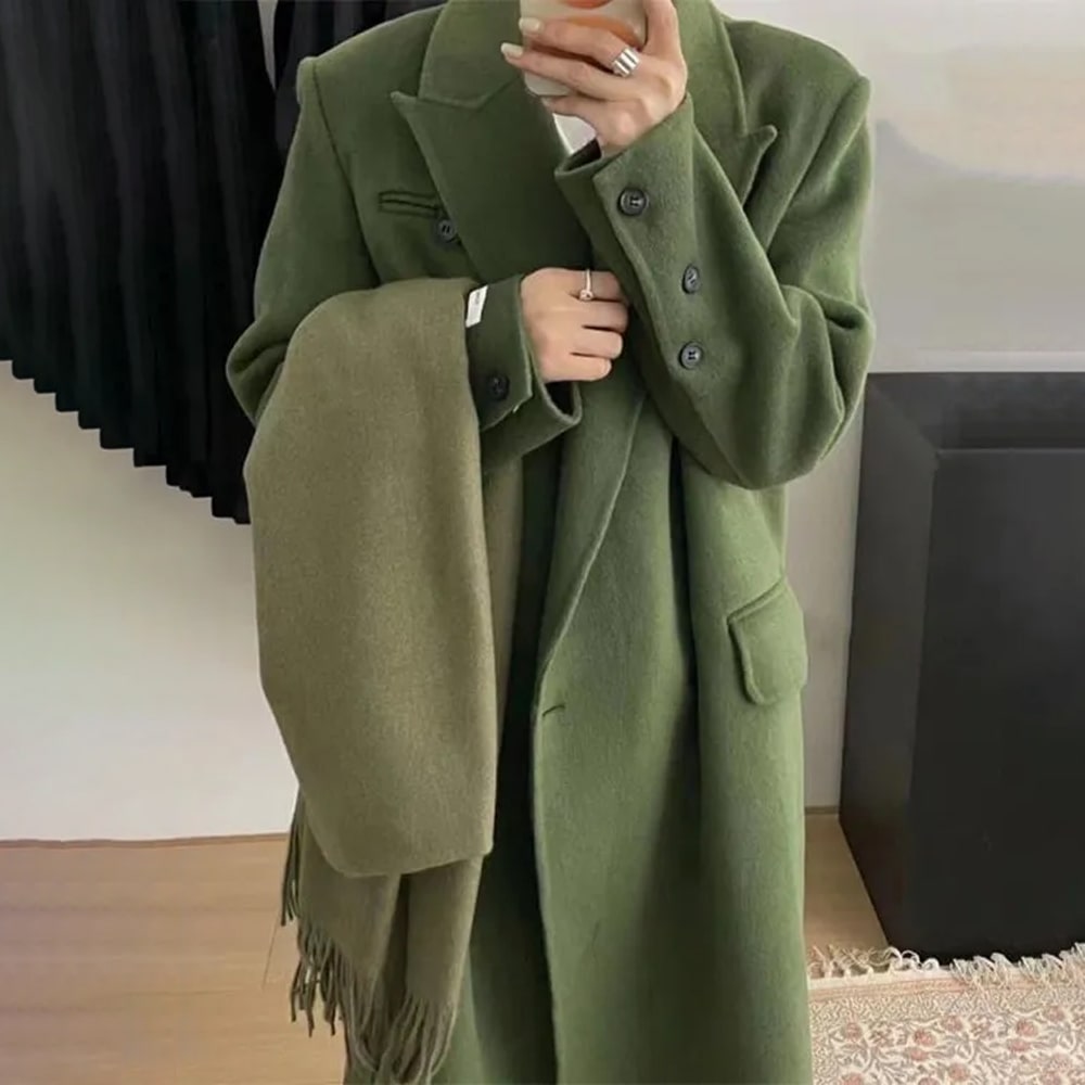 Autumn Winter Women Fashion Solid Color Irregular Cufflinks Long Warm Woolen Jacket Over Coat