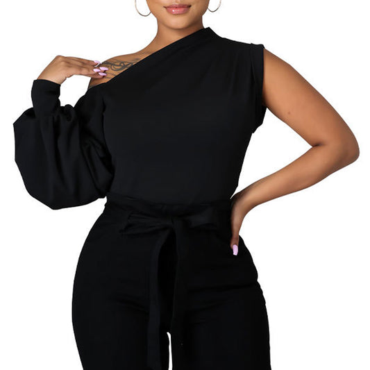 Irregular Cold Shoulder Puff Sleeve Blouse  Main Fabric Composition: Polyester (Polyester Fiber) KMT103601E3E