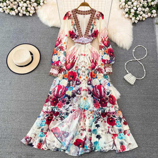Elegant Floral Printed Deep V-Neck Long Sleeve Defined Waist Dress  Material: Wire Cloth KMT1038481135