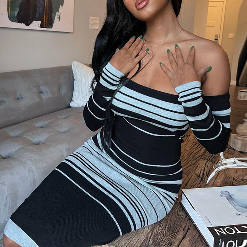 Sexy Off-Shoulder Long Sleeve Stripe Dress  Main Fabric Composition: Polyester (Polyester Fiber) KMT10383492D